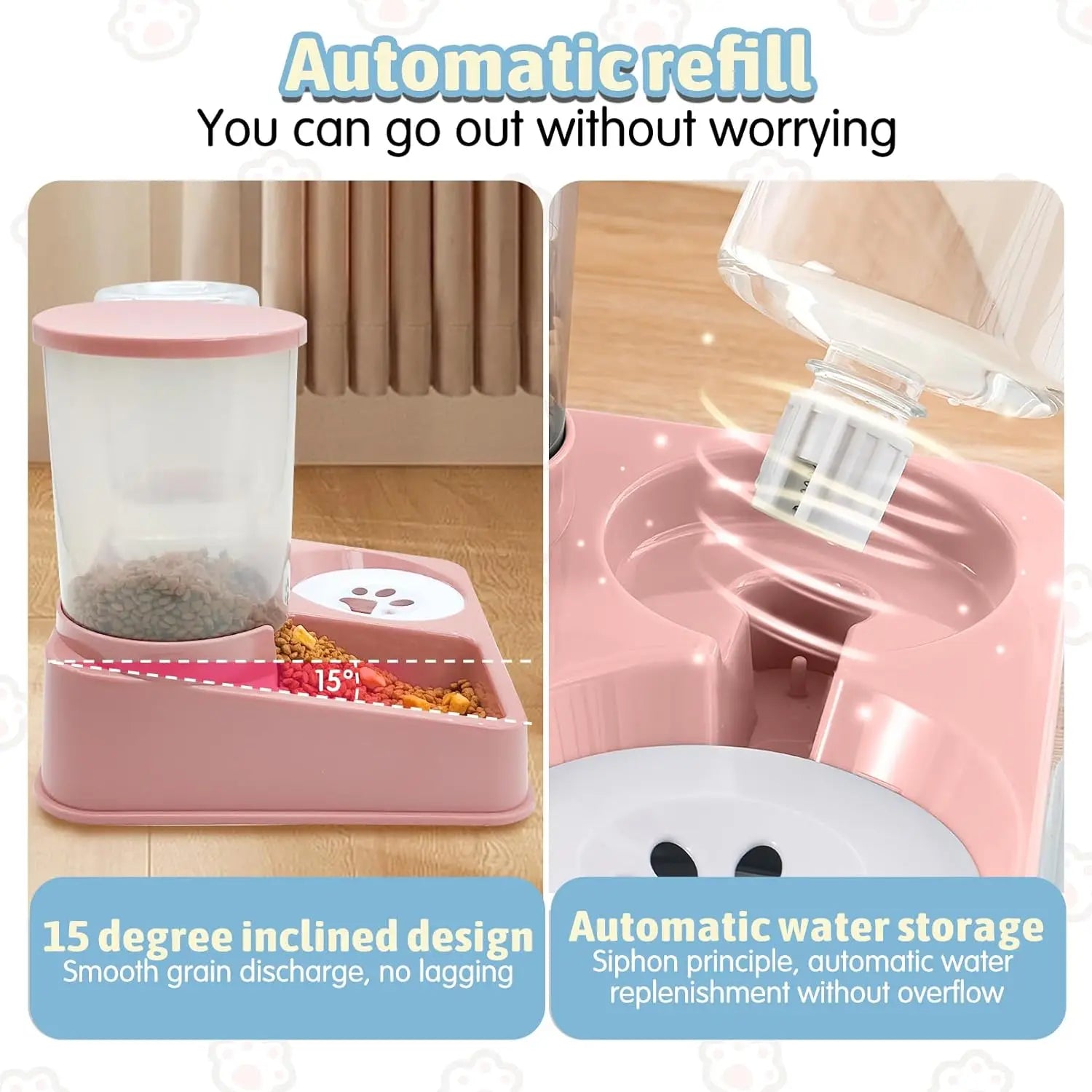 Automatic Cat Feeder Water Dispenser Set, 2 In 1 Tilted Automatic Pet Food And Water Feeder