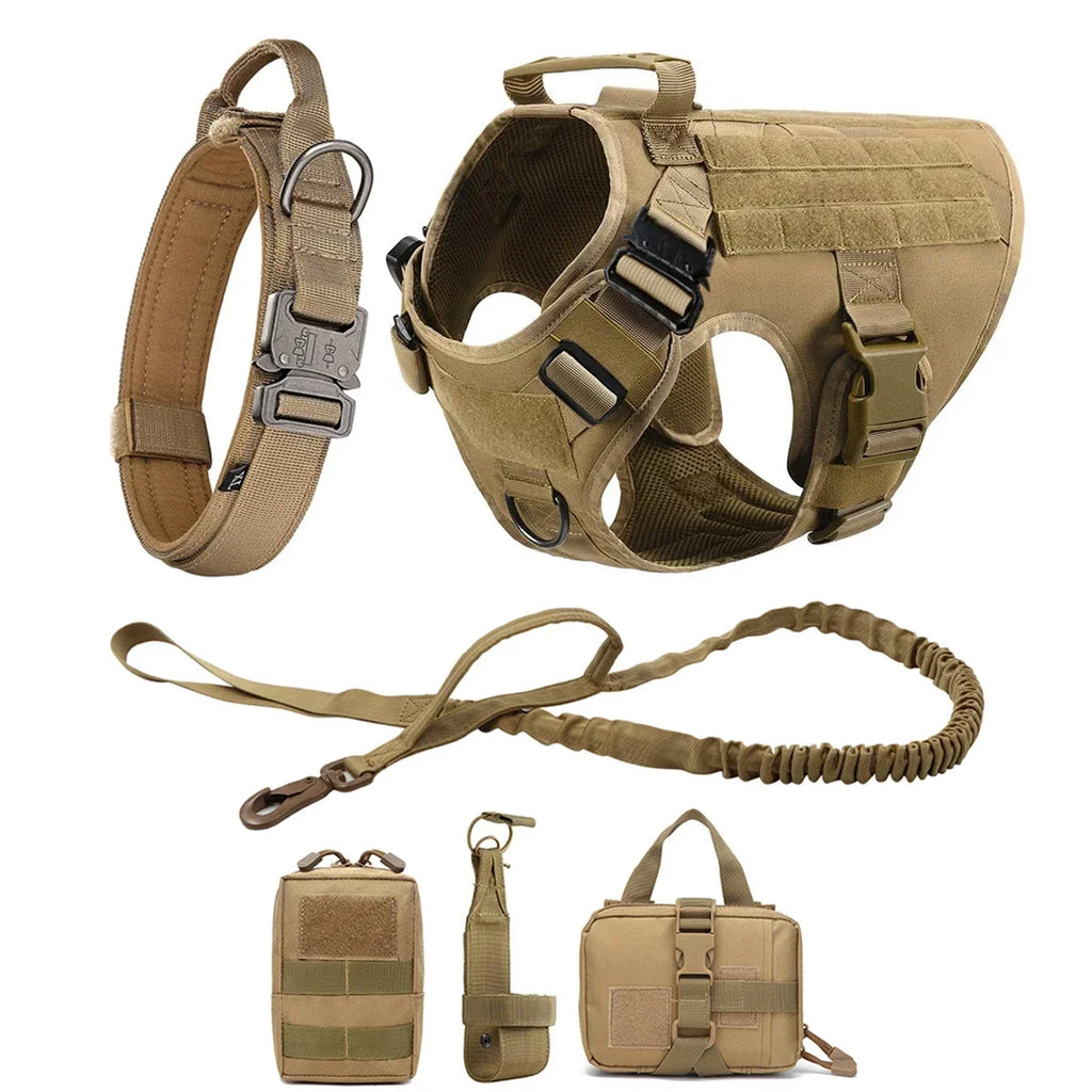 Tactical Dog Harness Leash Collar Molle Pouche