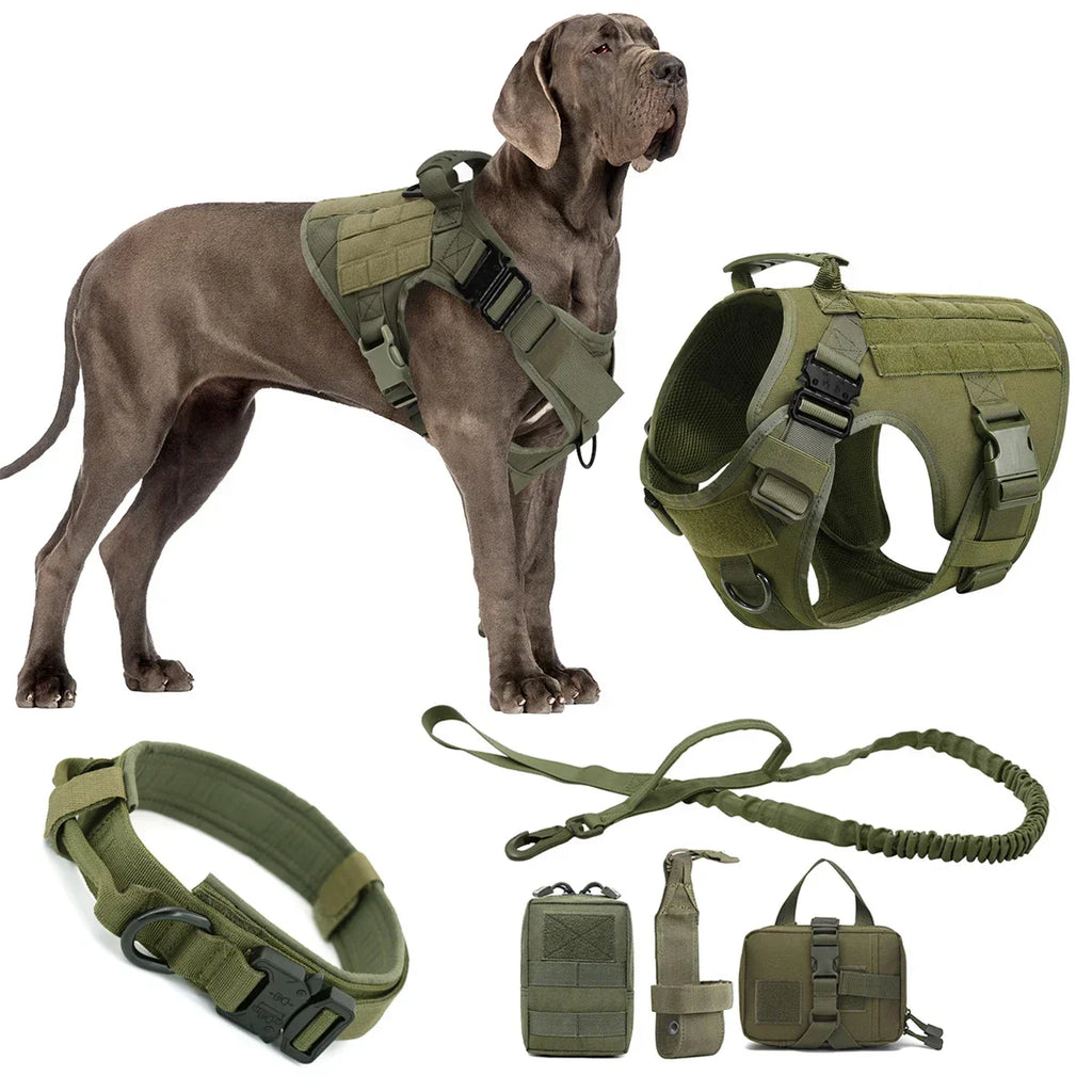 Tactical Dog Harness Leash Collar Molle Pouche